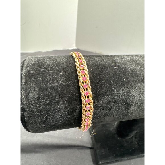 Vintage Gold Tone with Pink Stones Tennis Bracelet 7.25" Elegant & Timeless Jewe - Picture 1 of 6